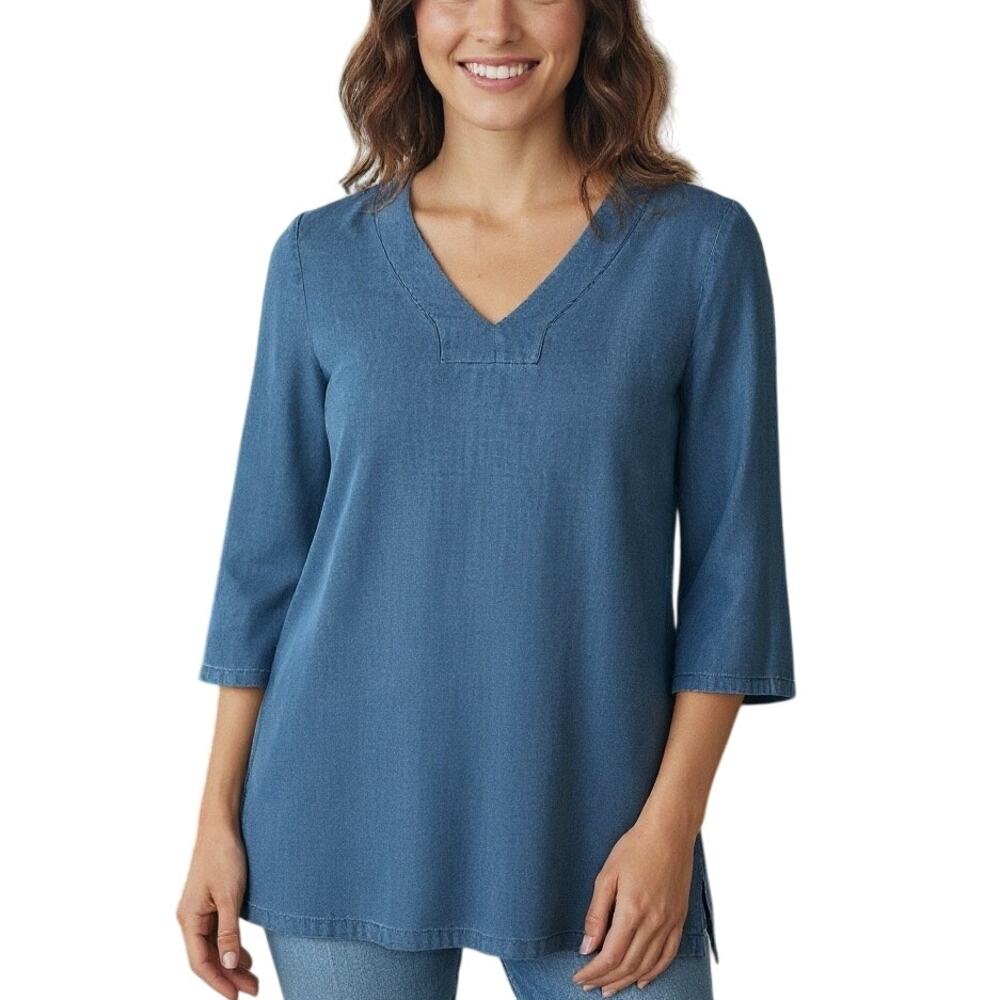 Zara Woman Chambray Denim Bell Sleeve Tunic Dress Medium Boho